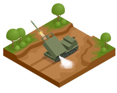 İzometrik çoklu roket fırlatma ikonları beyaza izole edildi. Çoklu Fırlatma Roket Sistemi bir çeşit roketatardır. Zırhlı, kendinden güdümlü, çoklu roketatar. Ordu.