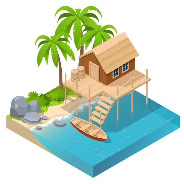 Isometric wooden house by the sea near palm trees. Stilt house. Wooden tropical home on stilts over water — Stock Vector