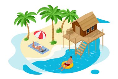 Isome Yaz Tatili konsepti. Yaz zamanı. Açık mavi gölde, tropikal ada manzaralı bir balayı tatil beldesinde sazdan yapılmış lüks çatı bungalovu. Tropik tatiller