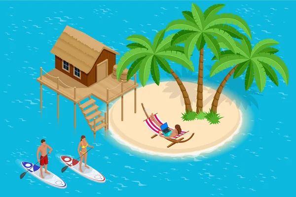 Isometric Summer Vacation concept. Summer time. Luxury overwater thatched roof bungalow in a honeymoon vacation resort in the clear blue lagoon with a view on the tropical island. Tropical vacations — Stock Vector