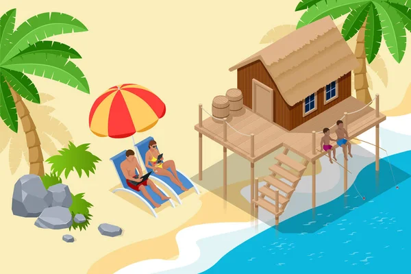 Isometriskt sommarsemesterkoncept. Sommartid. Lyxig overwater halmtak bungalow i en smekmånad semesterort i den klarblå lagunen med utsikt över den tropiska ön. Tropiska semesterresor — Stock vektor