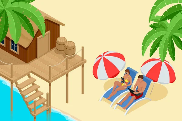 Isometric Summer Vacation concept. Summer time. Luxury overwater thatched roof bungalow in a honeymoon vacation resort in the clear blue lagoon with a view on the tropical island. Tropical vacations — Stock Vector