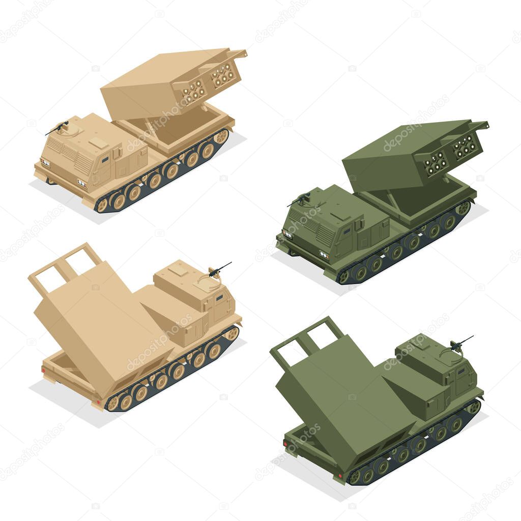 Isometric Multiple rocket launcher icons set isolated on white. Multiple Launch Rocket System is an armored, self-propelled, multiple rocket launcher a type of rocket artillery. Army.