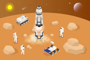 İzometrik roket kalkışı ya da Mars 'a iniş. Mars Kolonileşmesi, biyolojik dünyalaşma, Paraterraforming, Mars 'a insan adapte etme. Astronotlar ve uzay teknolojisi.