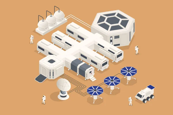 Colonização isométrica de Marte, terraformação biológica, paraterraformação, adaptação de seres humanos em Marte. Astronáutica, tecnologia espacial. Centro de Comunicação com Compartimentos Residenciais, Infraestrutura Base — Fotografia de Stock