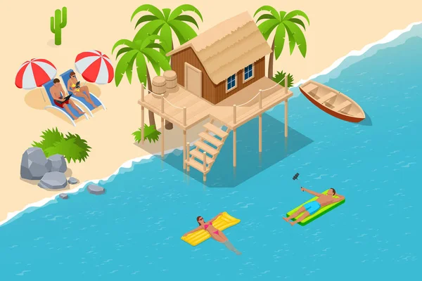 Isometric Summer Vacation concept. Summer time. Luxury overwater thatched roof bungalow in a honeymoon vacation resort in the clear blue lagoon with a view on the tropical island. Tropical vacations
