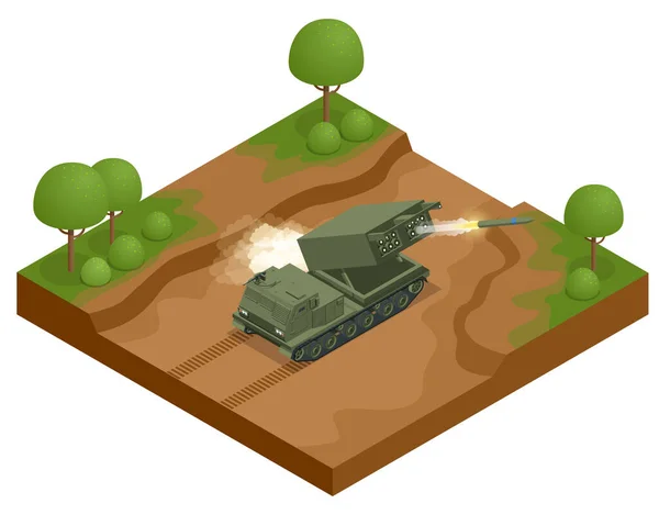 Isometric Multiple rocket launcher icons set isolated on white. Multiple Launch Rocket System is an armored, self-propelled, multiple rocket launcher a type of rocket artillery. Army. — Stock Photo, Image