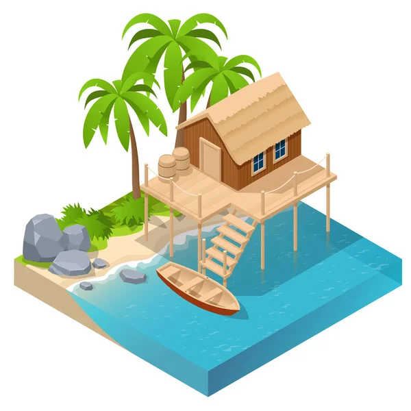 Isometric wooden house by the sea near palm trees. Stilt house. Wooden tropical home on stilts over water — Stock Photo, Image