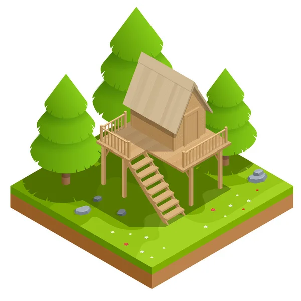 Isometric wooden house in the forest on the background of fir trees. Summer family vacation. Tree house in the evening garden — Stock Photo, Image