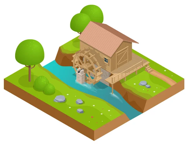 Isometrische houten watermolen. Werkend watermolen wiel met vallend water. — Stockfoto