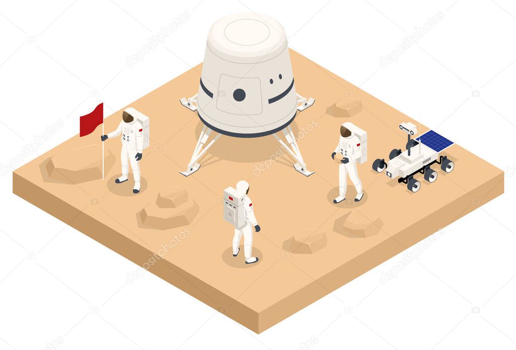 Isometric rocket take-off or landing on Mars. Mars Colonization, Biological terraforming, Paraterraforming, Adapting humans on Mars. Astronautics and space technology.