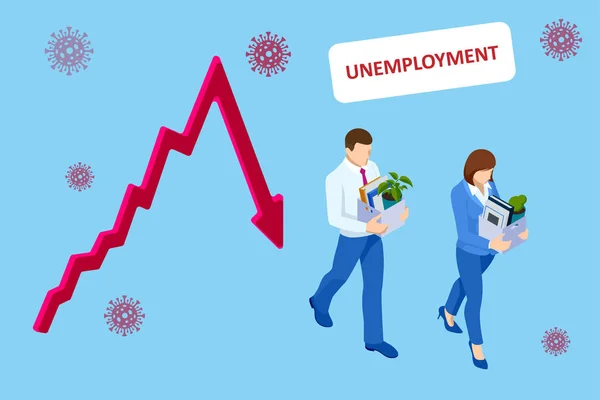 Ανεργία, απώλεια θέσεων εργασίας, κρίση, ανεργία και μείωση της απασχόλησης των εργαζομένων. Ελεύθερος να κουβαλάει ένα κουτί με τα πράγματά της. Ισομετρική διανυσματική απεικόνιση — Διανυσματικό Αρχείο