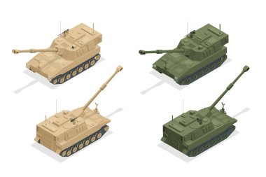 Isometric M109, Amerikan yapımı 155 mm 'lik kendinden itişli bir havan topudur. Otomatik itişli silah. Howitzer beyaz yüksek kalite vektör illüstrasyonunda izole edildi. Savaş için malzeme..