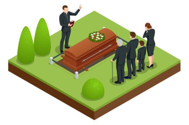 Mezarlıkta Isometric Cenaze Töreni. Üzgün ve ağlayan siyah elbiseli insanlar mezarın yanında çiçeklerle dikiliyorlar. Cenaze hizmetleri