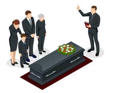 Mezarlıkta Isometric Cenaze Töreni. Üzgün ve ağlayan siyah elbiseli insanlar mezarın yanında çiçeklerle dikiliyorlar. Cenaze hizmetleri