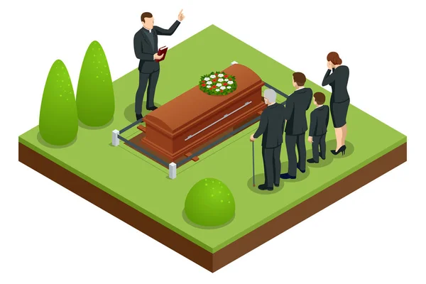 Ceremonia fúnebre isométrica en el cementerio. Gente triste y llorona vestida de negro está de pie con flores cerca de la tumba. Servicios funerarios — Vector de stock