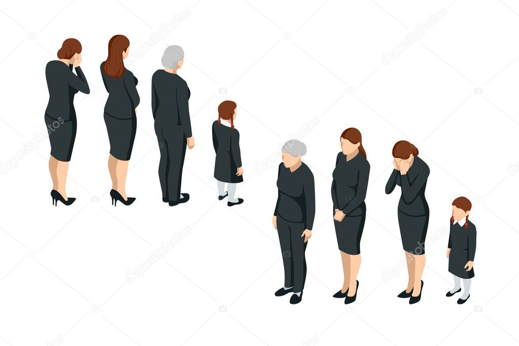 Isometric women and a child in black clothes. Gre, grief, loss of loved ones, funeral.