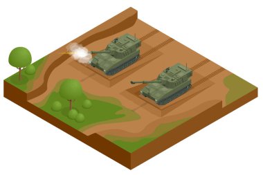 Isometric M109, Amerikan yapımı 155 mm 'lik kendinden itişli bir havan topudur. Otomatik itişli silah. Howitzer beyaz yüksek kalite vektör illüstrasyonunda izole edildi. Savaş için malzeme..