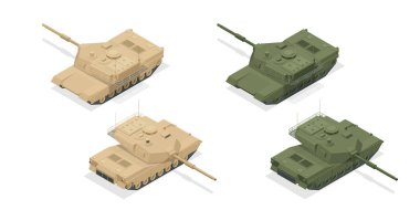 Isometric Amerikan ana savaş tankı M1A2 simgeleri beyaz yüksek kalite vektör çizimine izole edilmiştir. Ağır, rezervasyon ve özel ulaşım. Savaş için malzeme..
