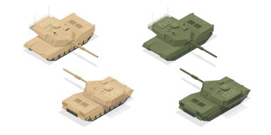 Isometric Amerikan ana savaş tankı M1A2 simgeleri beyaz yüksek kalite vektör çizimine izole edilmiştir. Ağır, rezervasyon ve özel ulaşım. Savaş için malzeme..