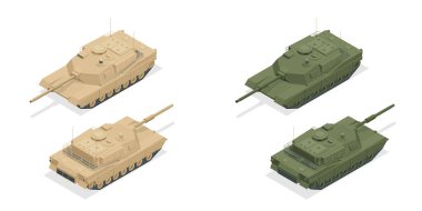 Isometric Amerikan ana savaş tankı M1A2 simgeleri beyaz yüksek kalite vektör çizimine izole edilmiştir. Ağır, rezervasyon ve özel ulaşım. Savaş için malzeme..