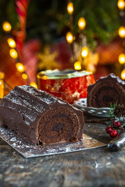 Čokoládové vánoční poleno — Stock fotografie