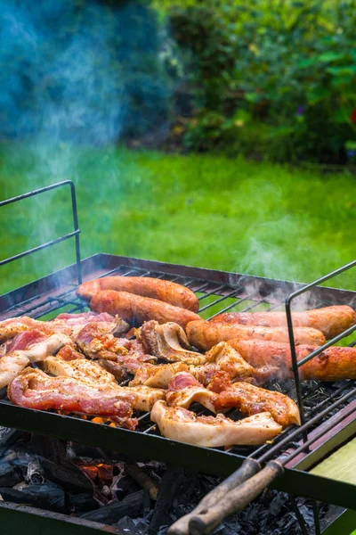 BBQ in the garden - selection of meat on flaming grill — Stock Photo, Image