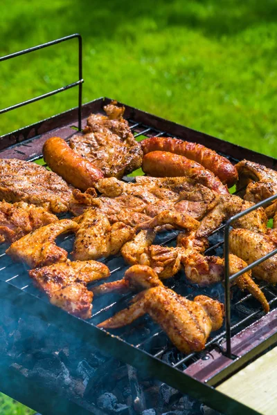 BBQ in the garden - selection of meat on flaming grill — Stock Photo, Image