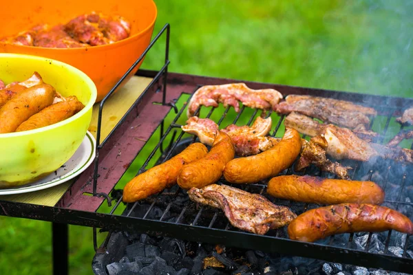 BBQ in the garden - selection of meat on flaming grill — Stock Photo, Image