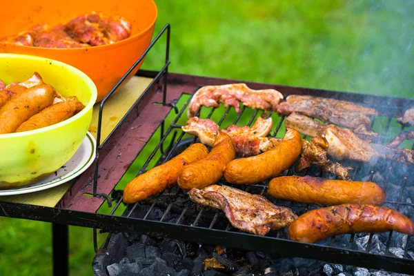 Barbecue dans le jardin - sélection de viande sur un gril enflammé — Photo