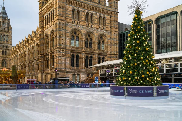 Pista de gelo e árvore de Natal no Museu Nacional de História em Londres — Fotografia de Stock