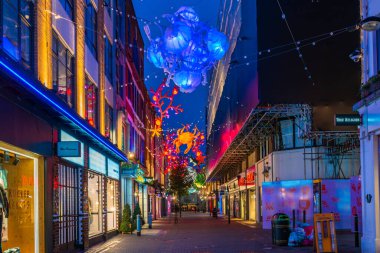 Londra - 09 Kasım 2019: Bu yıl Carnaby Caddesi, okyanus koruma hayır kurumu Proje Sıfır 'ın işbirliğiyle geri dönüşümlü ve yeniden kullanılabilir materyallerle yapılan çevre dostu Noel gösterisi düzenledi
