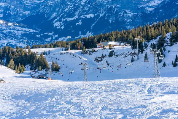 Grindelwald Suiza Enero 2020 Telesilla Lleva Los Esquiadores Cima Montaña — Foto de Stock