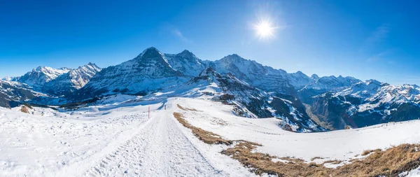Ampla Vista Parnorâmica Dos Alpes Suíços Cobertos Neve Grindelwald Ski — Fotografia de Stock