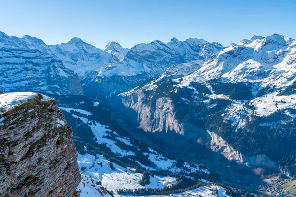 Vista Panorâmica Dos Alpes Suíços Cobertos Neve Estância Esqui Grindelwald — Fotografia de Stock