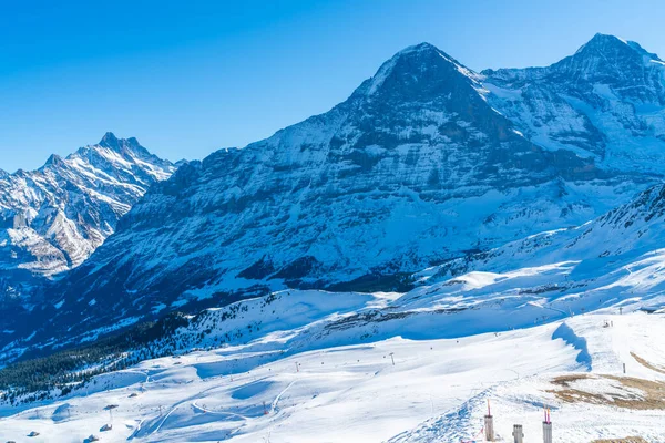 Vista Panorâmica Dos Alpes Suíços Cobertos Neve Cume Mannlichen Inverno — Fotografia de Stock