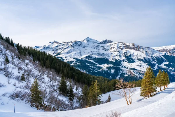 Vista Los Alpes Suizos Cubiertos Nieve Sobre Estación Esquí Wenge — Foto de Stock