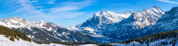 Amplia Vista Parnorámica Los Alpes Suizos Cubiertos Nieve Estación Esquí Fotos De Stock Sin Royalties Gratis