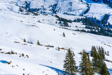 İsviçre 'nin Grindelwald kayak merkezindeki İsviçre Alplerindeki ilk dağda kış manzarası