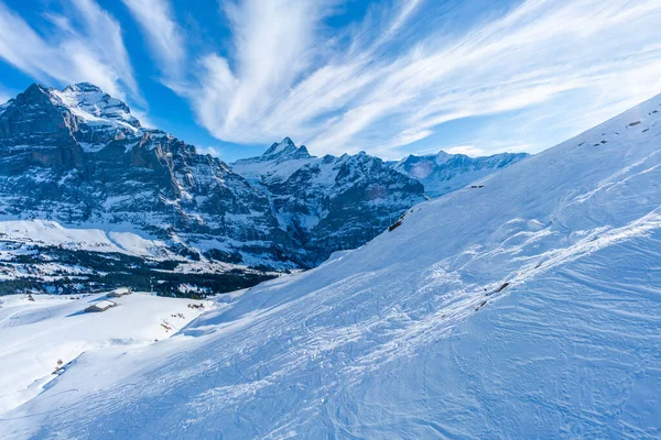 位于瑞士格林德尔沃尔德滑雪胜地的瑞士阿尔卑斯山第一高山上 冬季的风景覆盖着积雪的山峰 — 图库照片