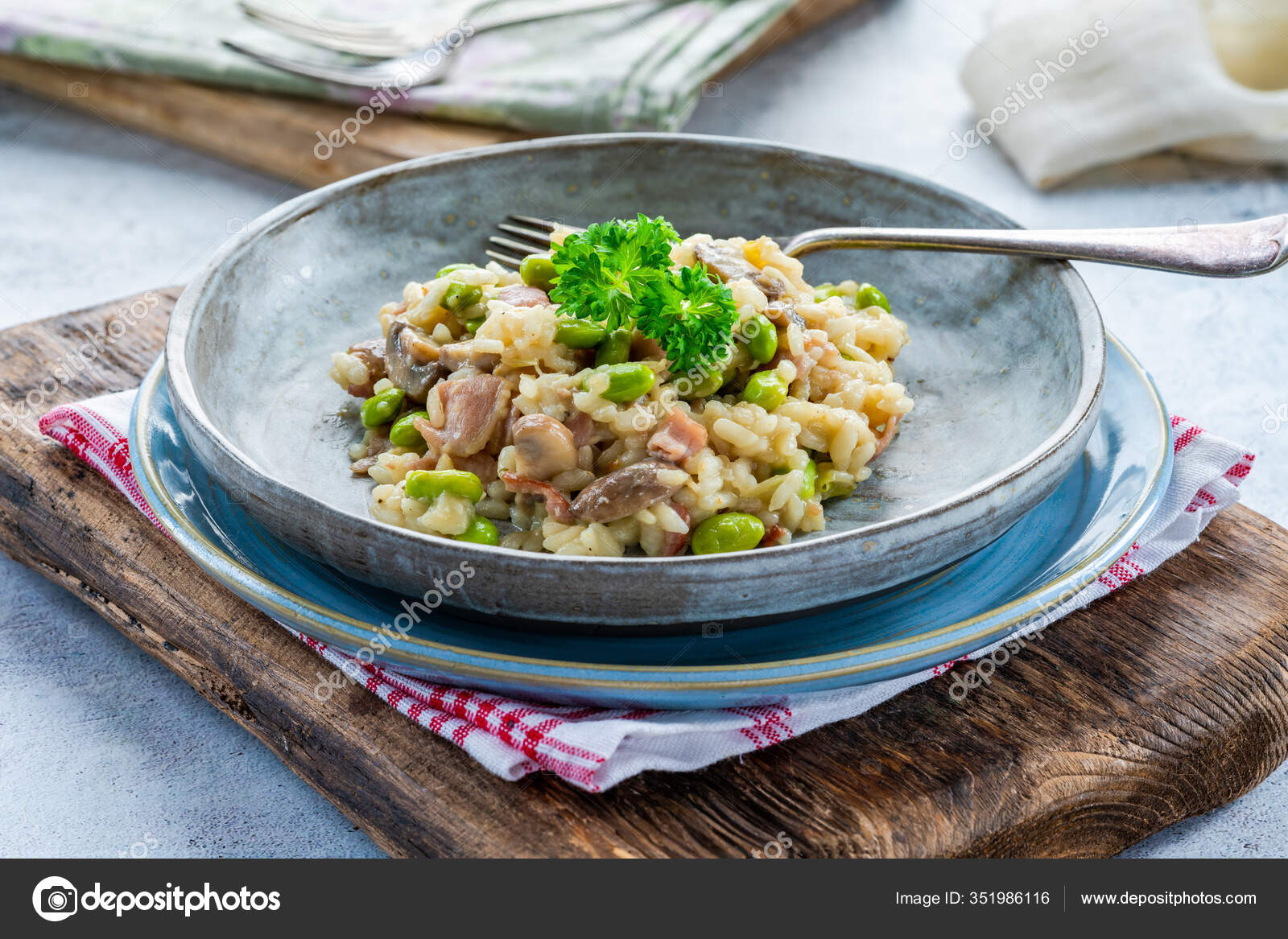 Bacon Mushroom Risotto Edamame Beans Stock Photo by ©RubinowaDama 351986116