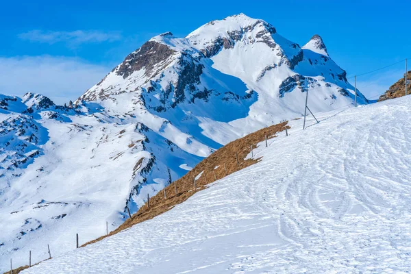 Paisagem Inverno Com Picos Cobertos Neve Vistos Primeira Montanha Nos — Fotografia de Stock