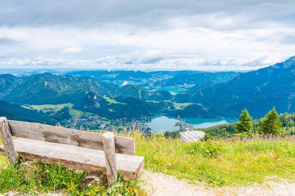 View of St.Gilgen village, Wolfgangsee lake and surrounding mountains from Zwolferhorn mountain in Salzkammergut region, Austria