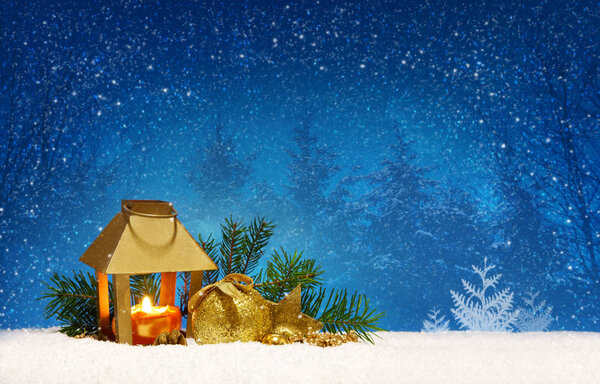 Christmas background with lantern and snow.