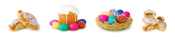 Easter cake and easter eggs on white background. — Stock Photo, Image