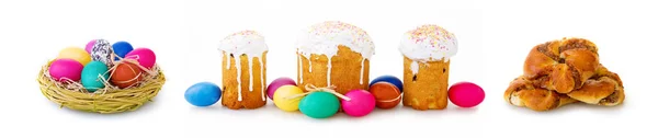 Easter cake and easter eggs on white background. — Stock Photo, Image
