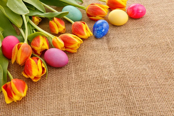 Spring tulips with colorful easter eggs. — Stock Photo, Image