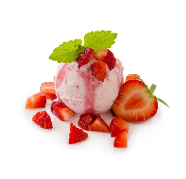 Strawberry ice cream with fruit on white background — Stock Photo, Image