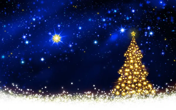 Zlatý vánoční strom a hvězdné oblohy. — Stock fotografie