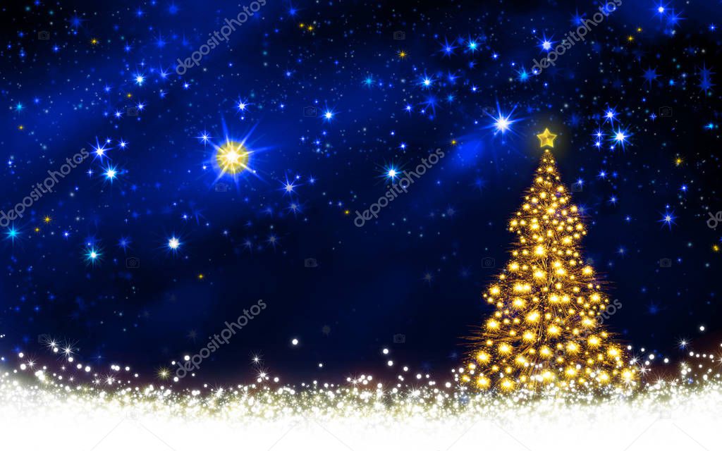 Golden Christmas tree and star sky.